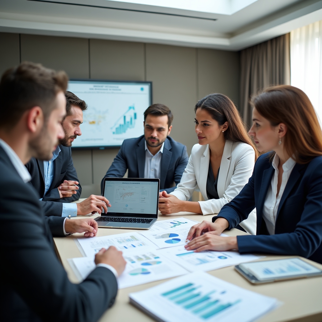 Команда обсуждает финансовые данные компании на совещании
